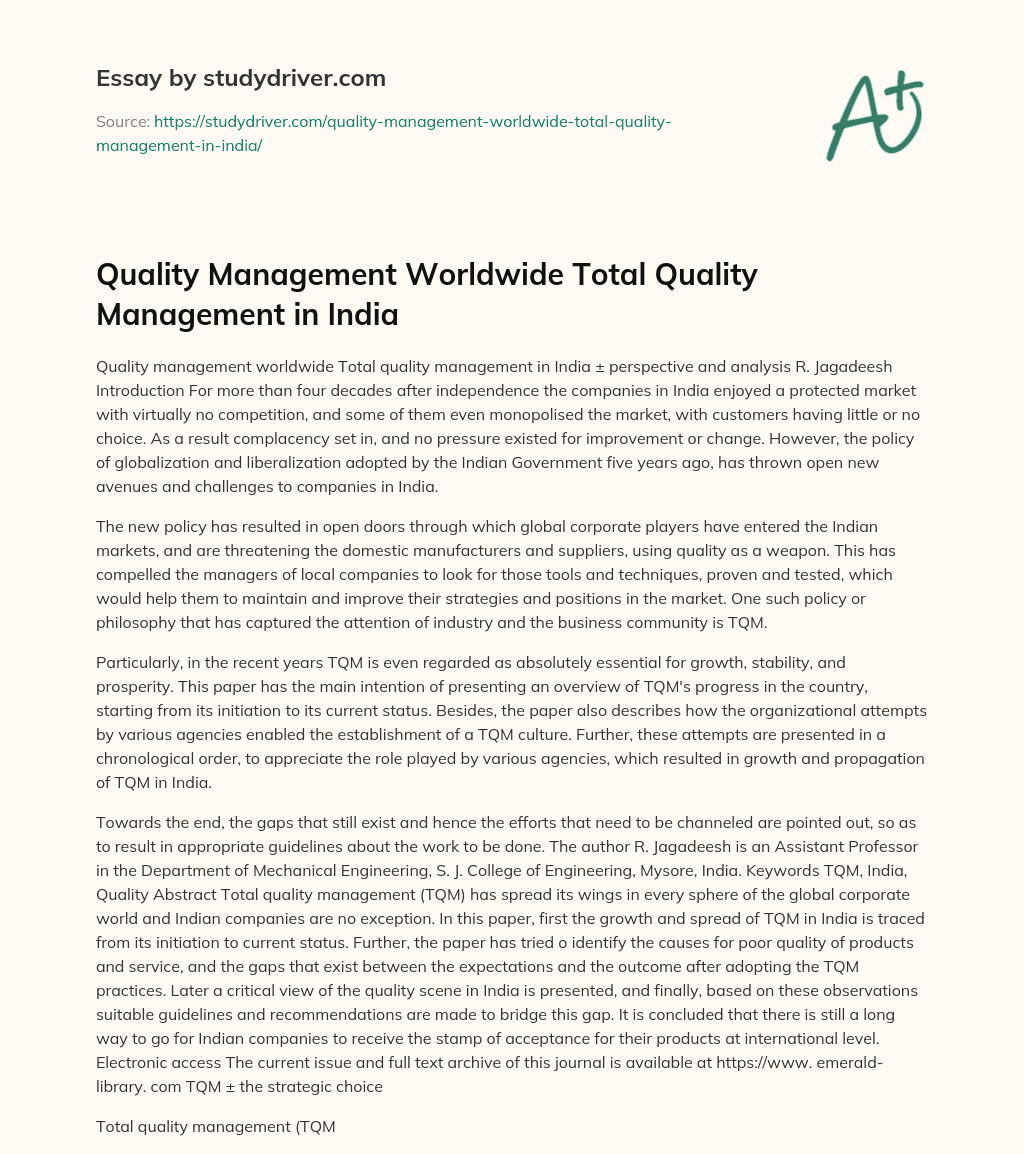 Quality Management Worldwide Total Quality Management in India essay