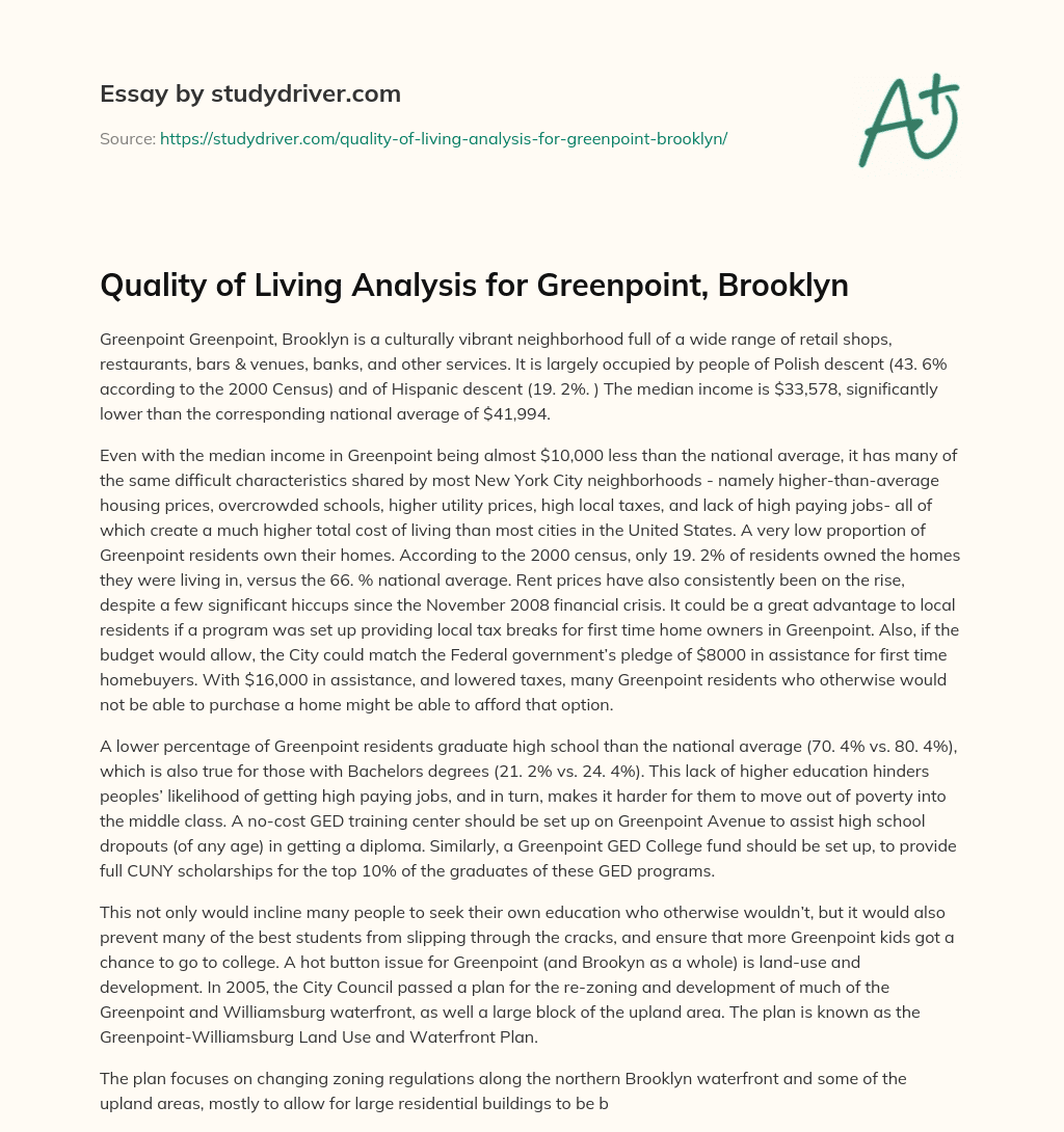 Quality of Living Analysis for Greenpoint, Brooklyn essay