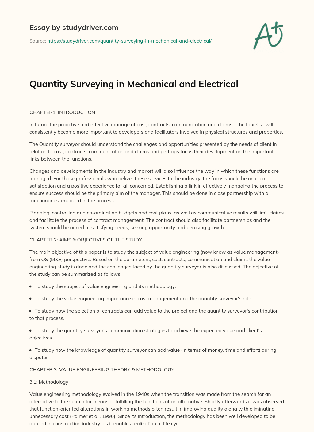Quantity Surveying in Mechanical and Electrical essay
