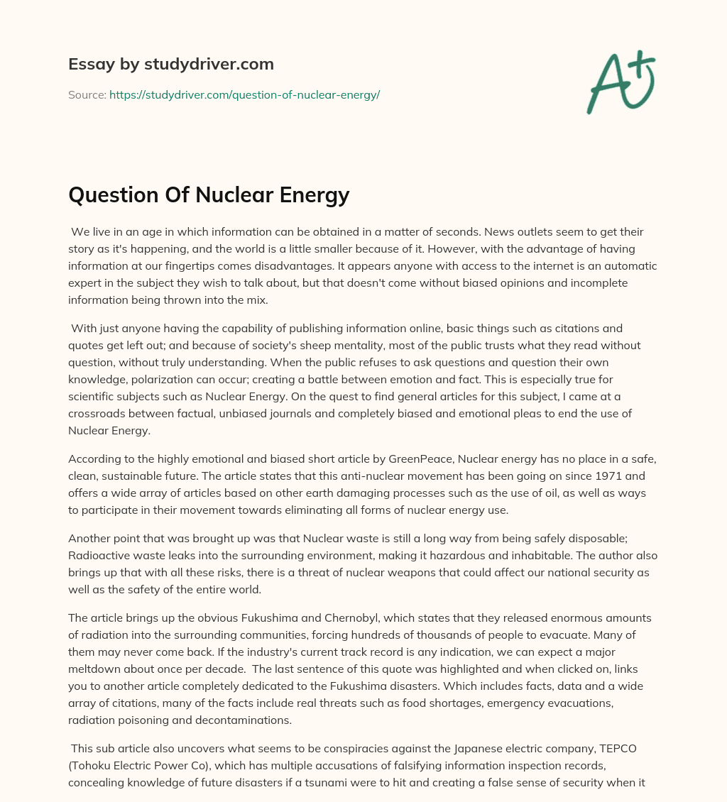 Question of Nuclear Energy essay