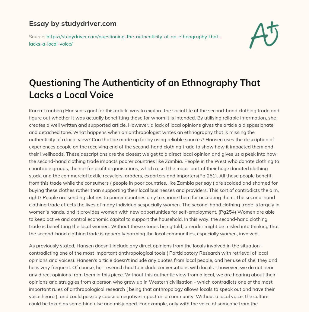 Questioning the Authenticity of an Ethnography that Lacks a Local Voice essay