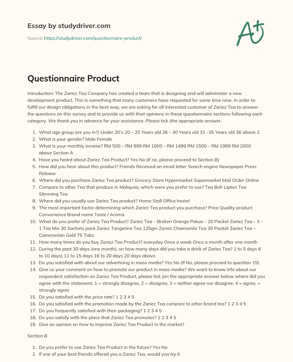 Questionnaire Product essay