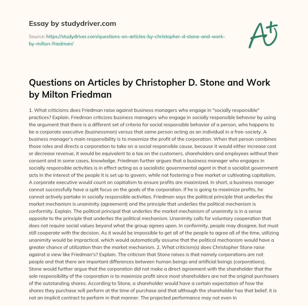 Questions on Articles by Christopher D. Stone and Work by Milton Friedman essay