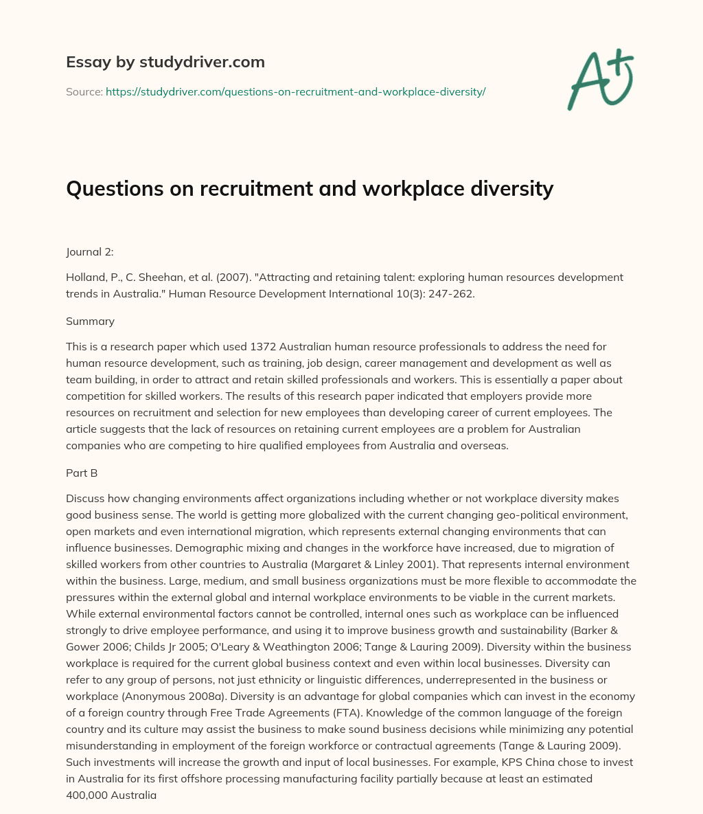 Questions on Recruitment and Workplace Diversity essay