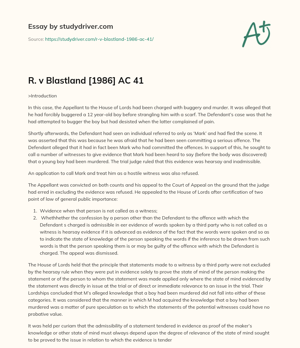 R. V Blastland [1986] AC 41 essay