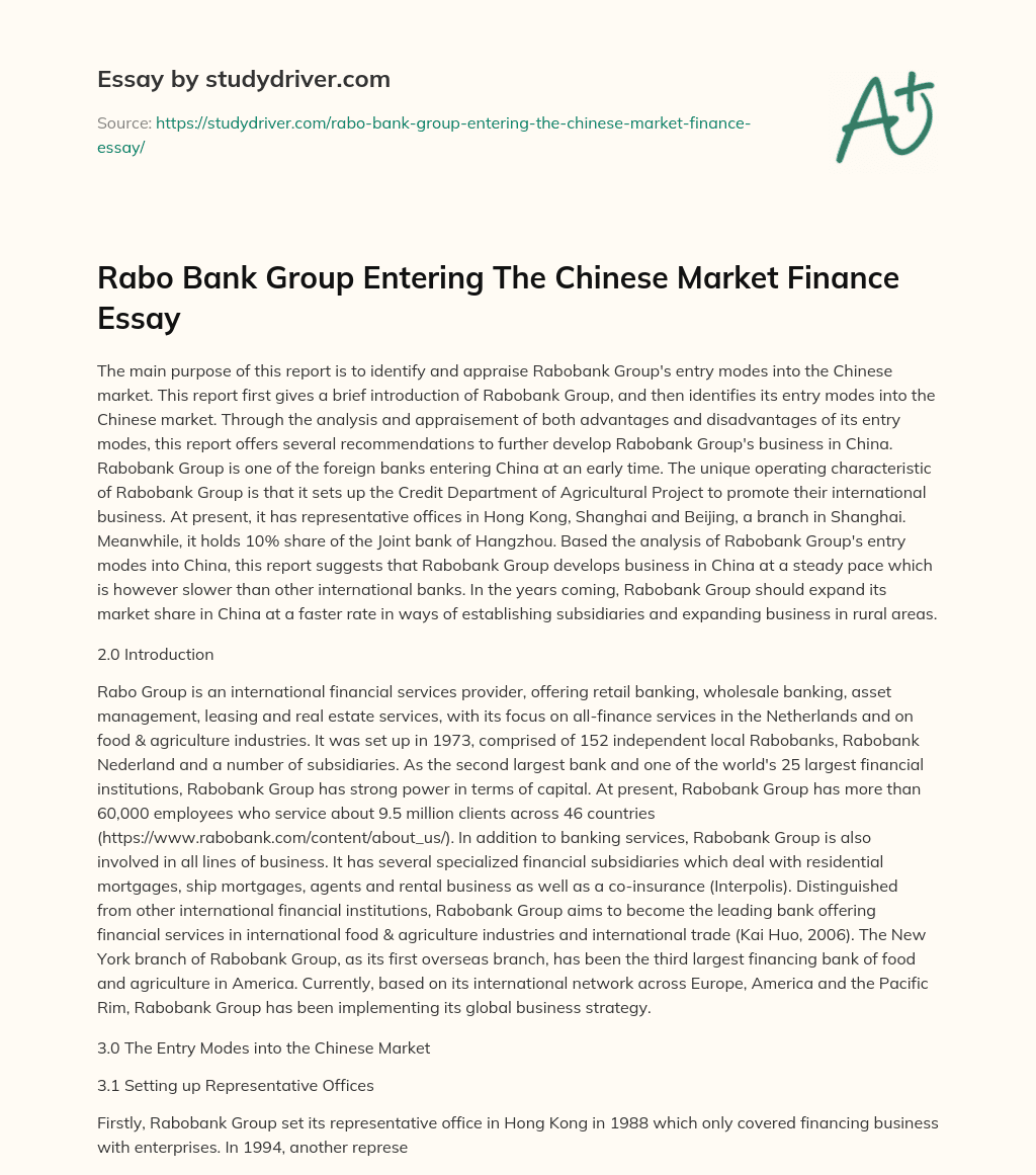 Rabo Bank Group Entering the Chinese Market Finance Essay essay