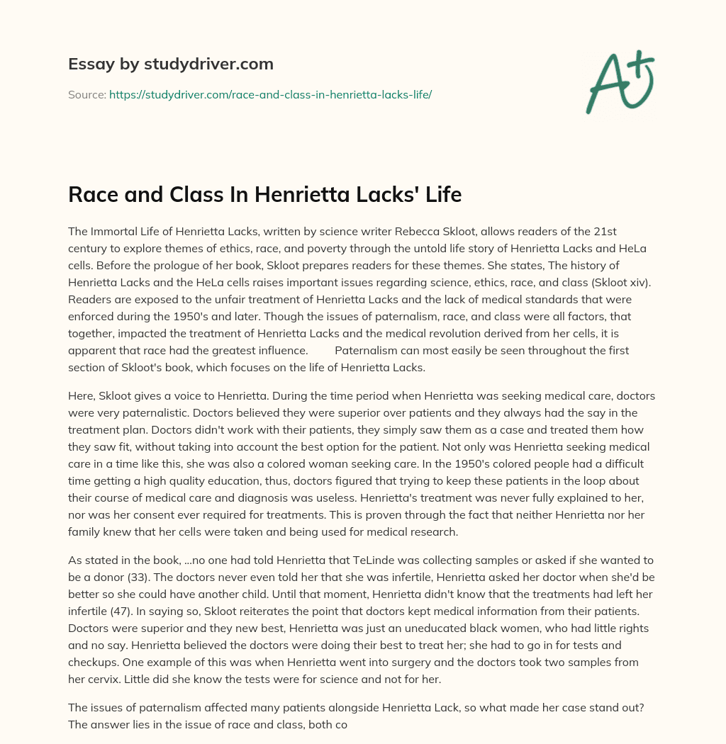 Race and Class in Henrietta Lacks’ Life essay