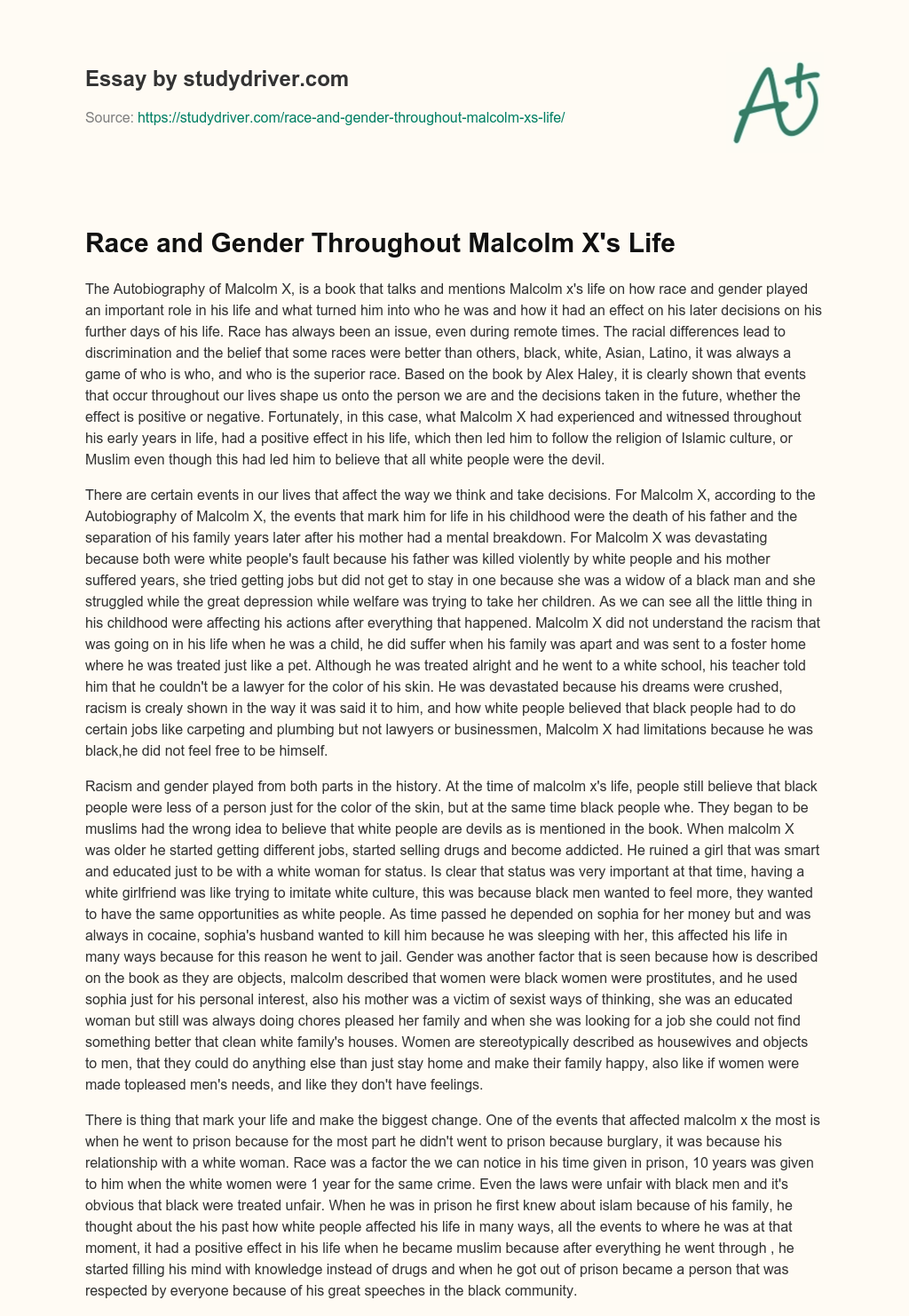Race and Gender Throughout Malcolm X’s Life essay