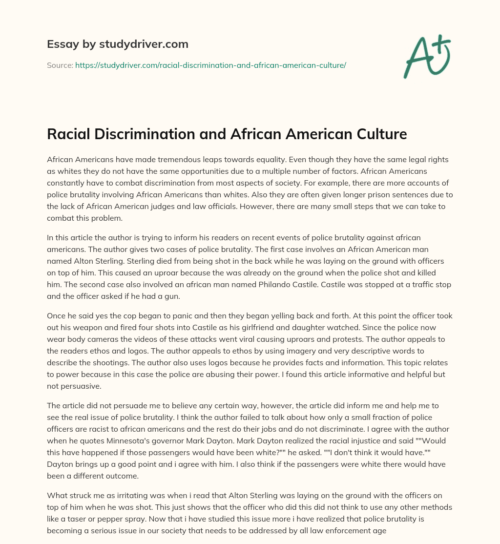 Racial Discrimination and African American Culture essay
