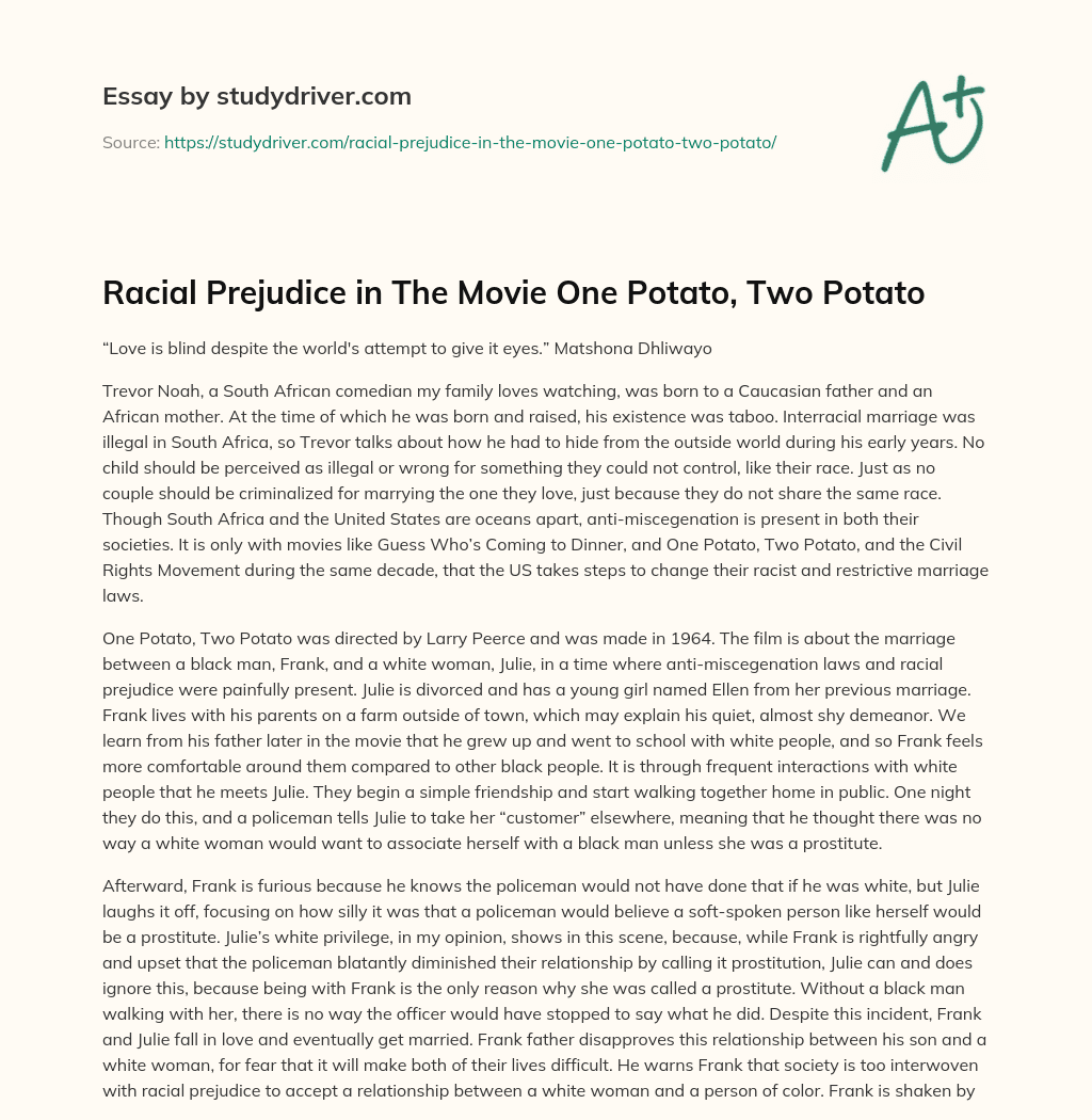 Racial Prejudice in the Movie One Potato, Two Potato essay