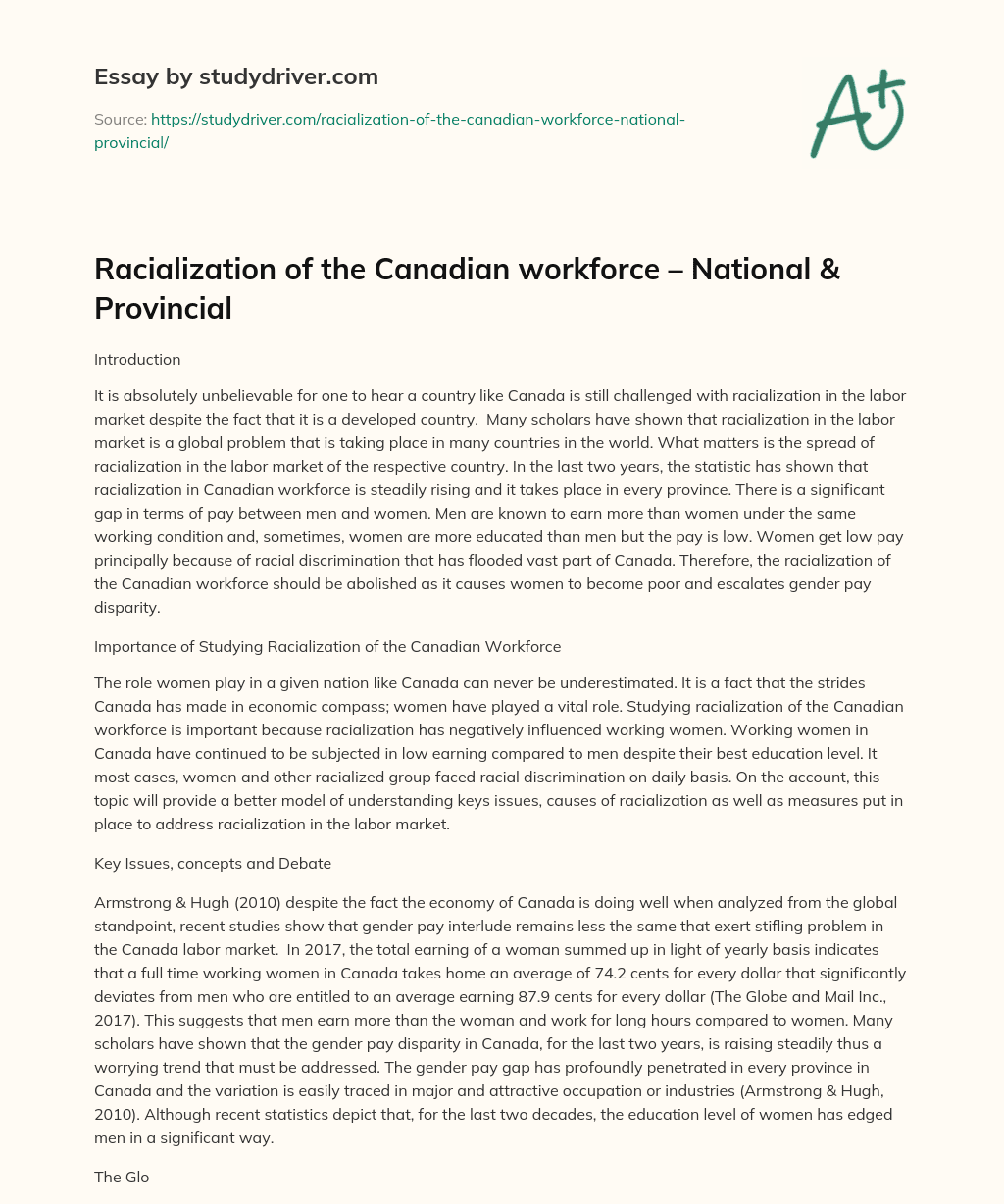 Racialization of the Canadian Workforce – National & Provincial essay