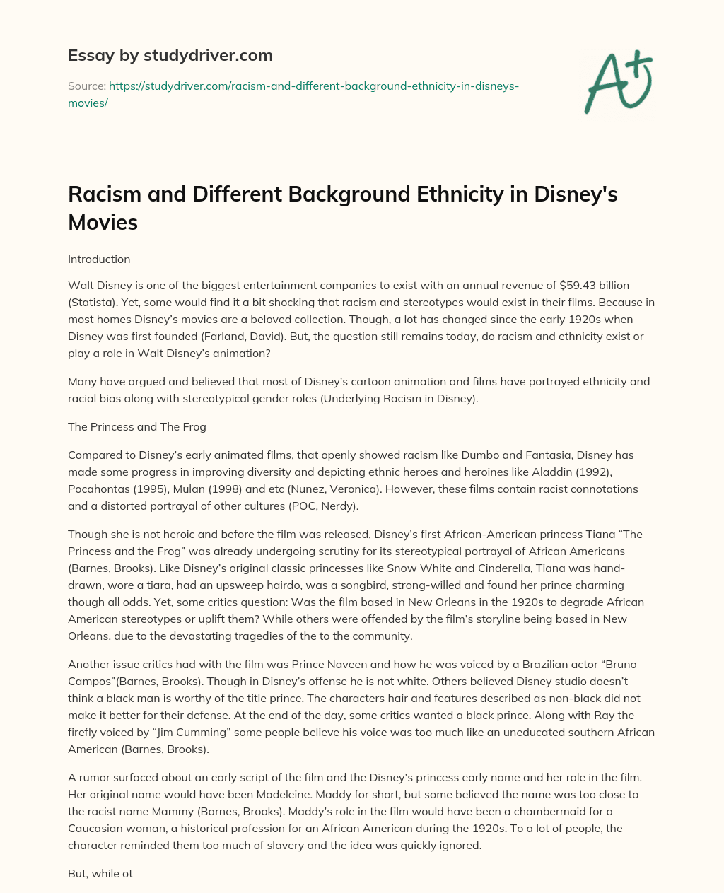 Racism and Different Background Ethnicity in Disney’s Movies essay