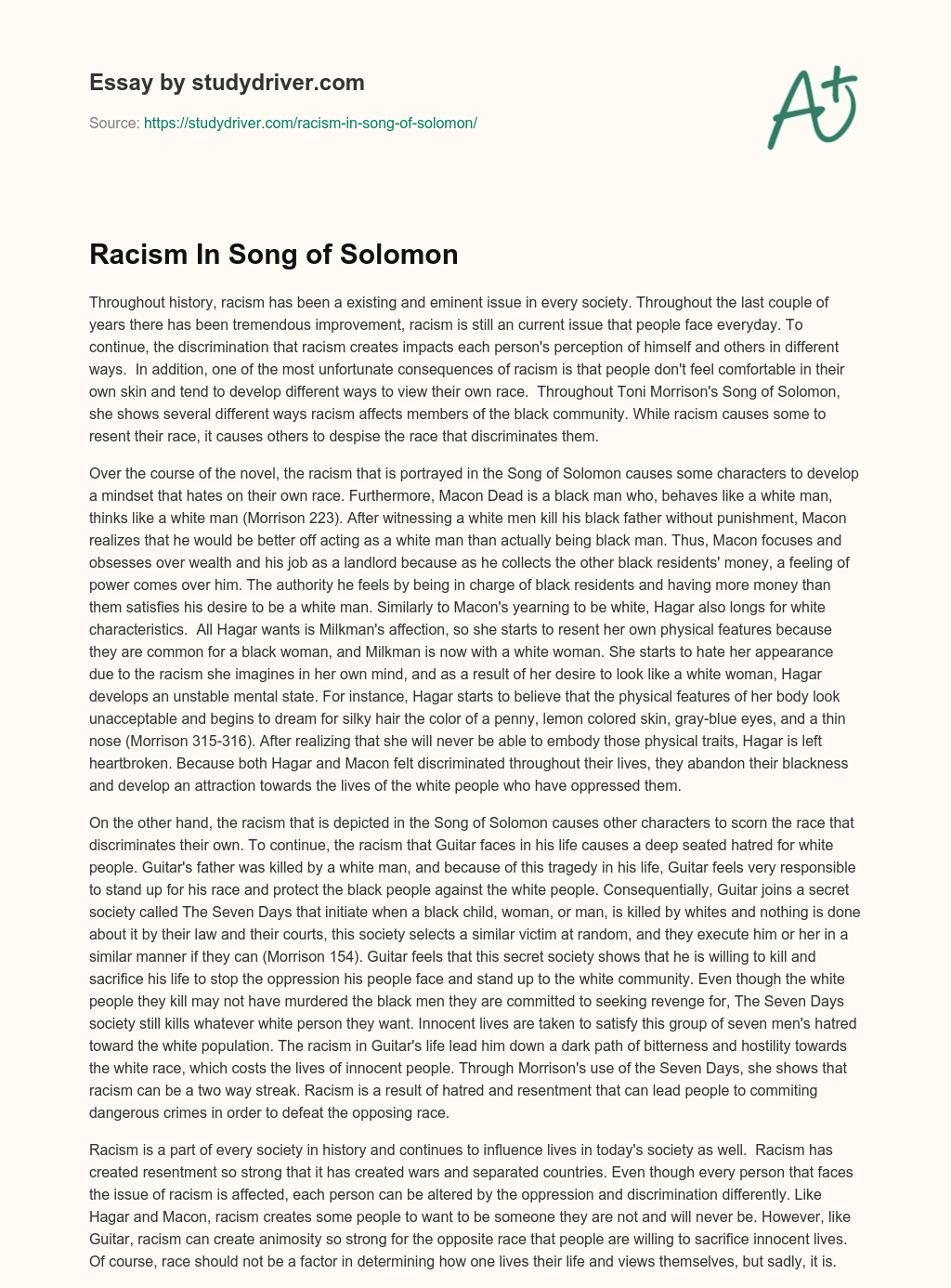 Racism in Song of Solomon essay