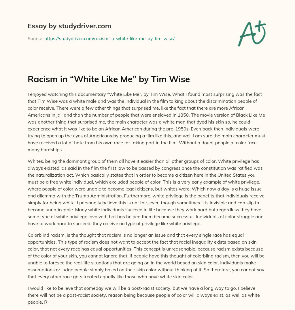 Racism in “White Like Me” by Tim Wise essay