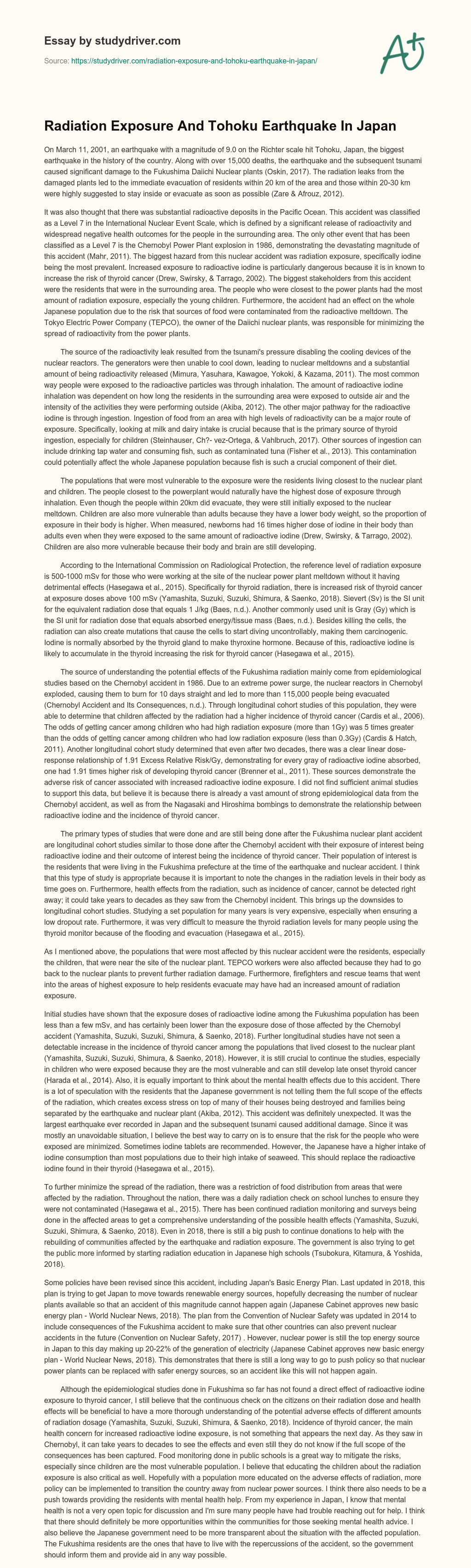Radiation Exposure and Tohoku Earthquake in Japan essay