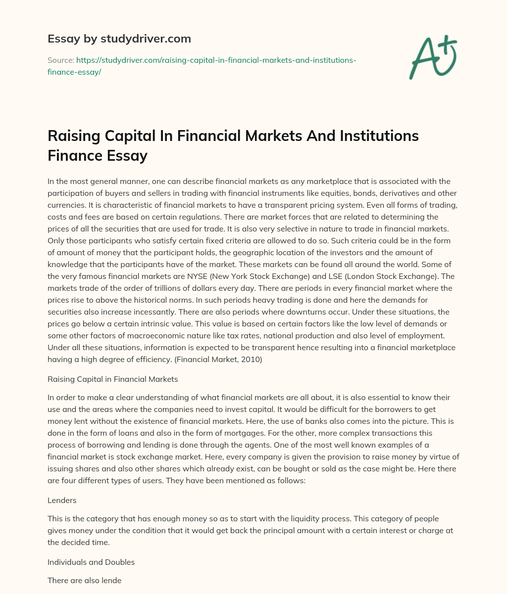 Raising Capital in Financial Markets and Institutions Finance Essay essay