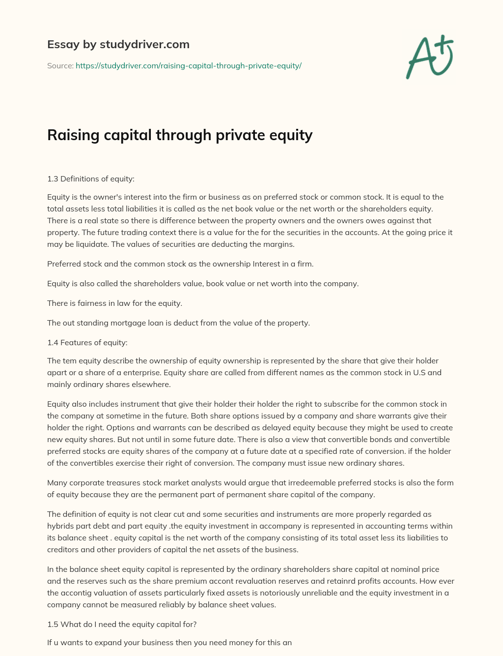 Raising Capital through Private Equity essay