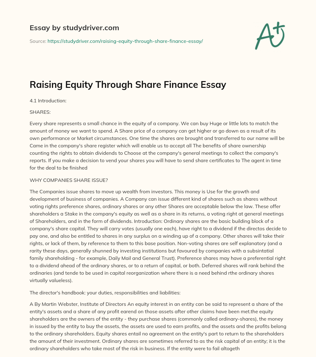 Raising Equity through Share Finance Essay essay