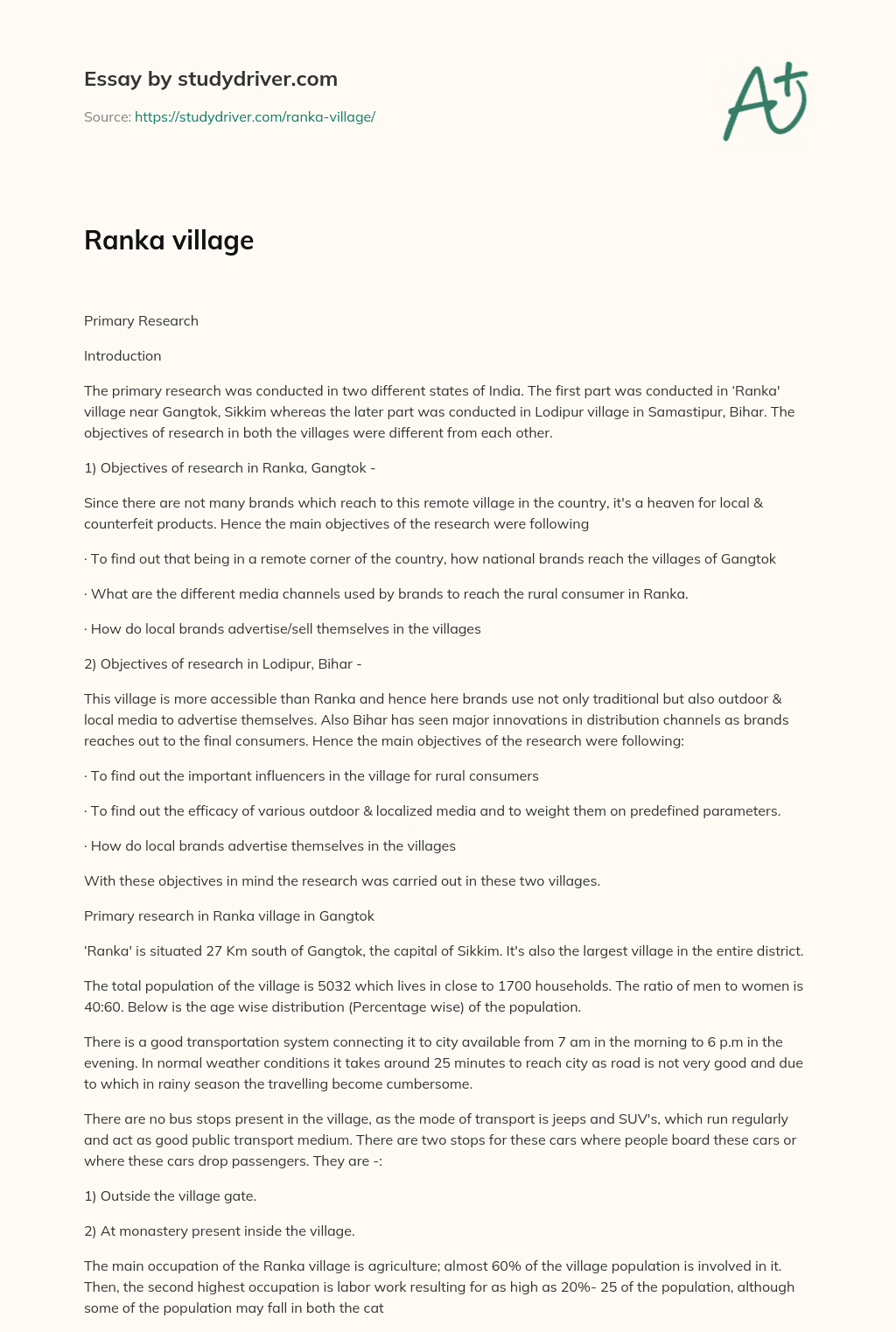 Ranka Village essay