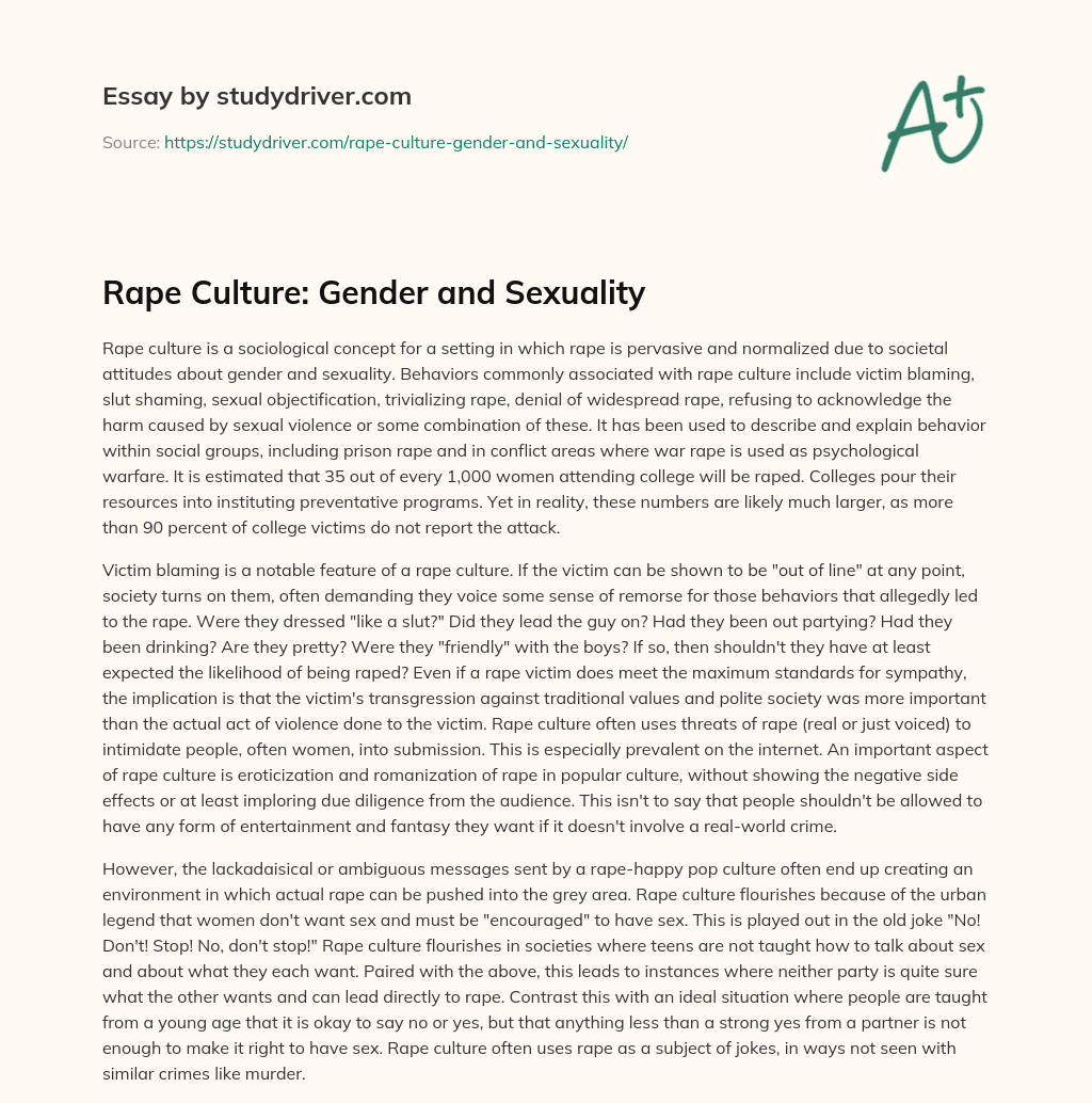 Rape Culture: Gender and Sexuality essay