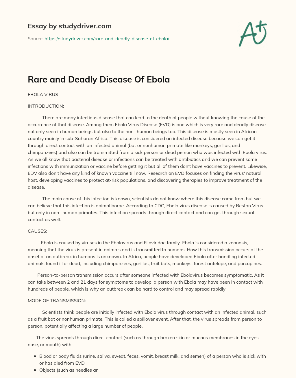 Rare and Deadly Disease of Ebola essay