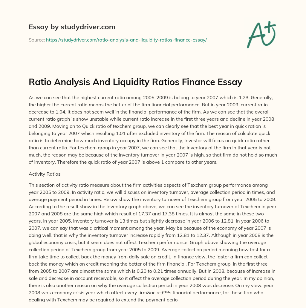 Ratio Analysis and Liquidity Ratios Finance Essay essay