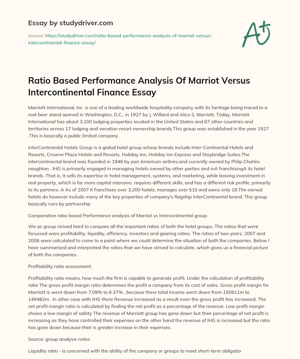 Ratio Based Performance Analysis of Marriot Versus Intercontinental Finance Essay essay