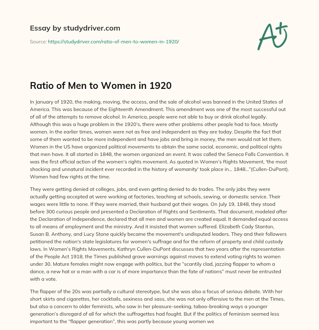 Ratio of Men to Women in 1920 essay
