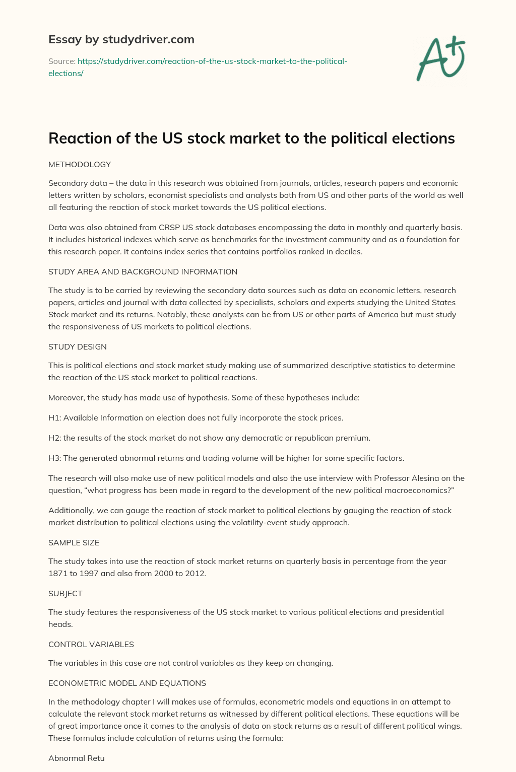 Reaction of the US Stock Market to the Political Elections essay