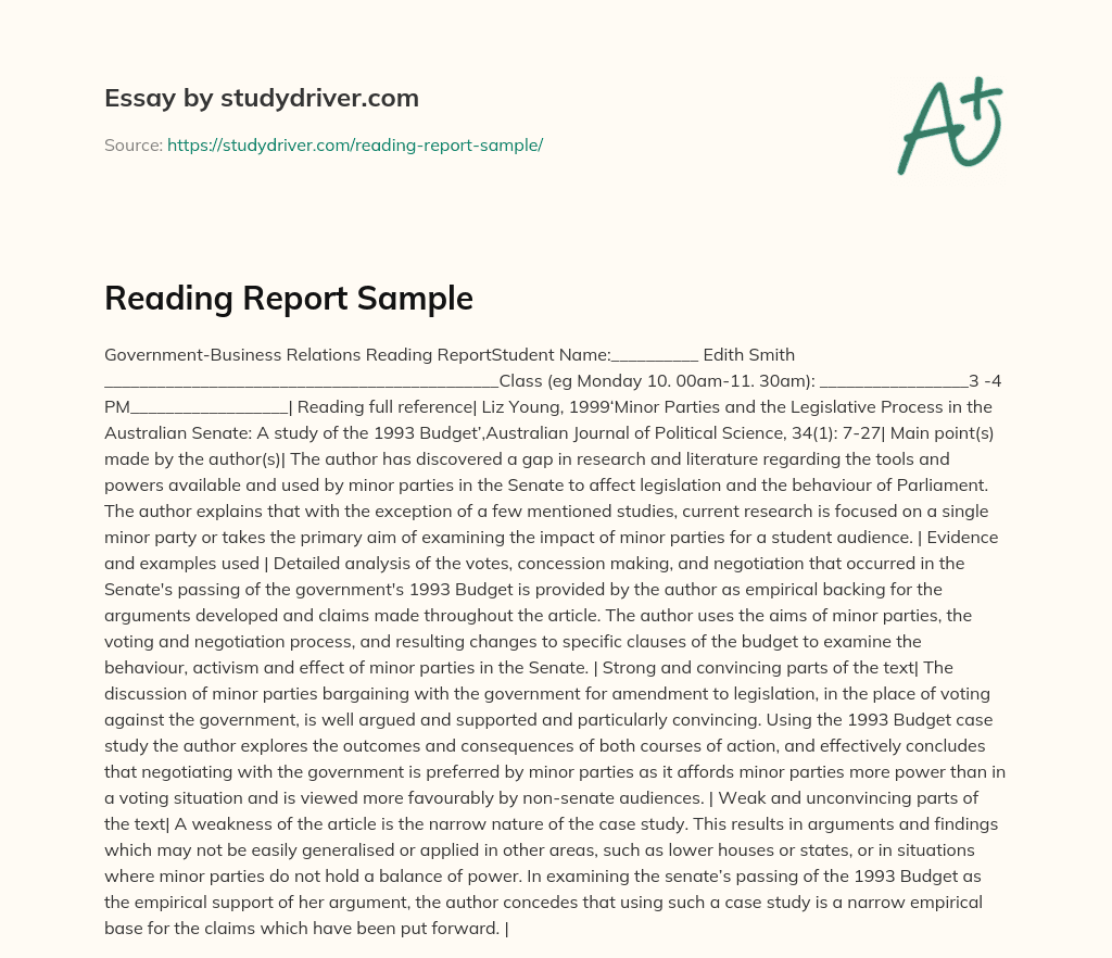 Reading Report Sample essay