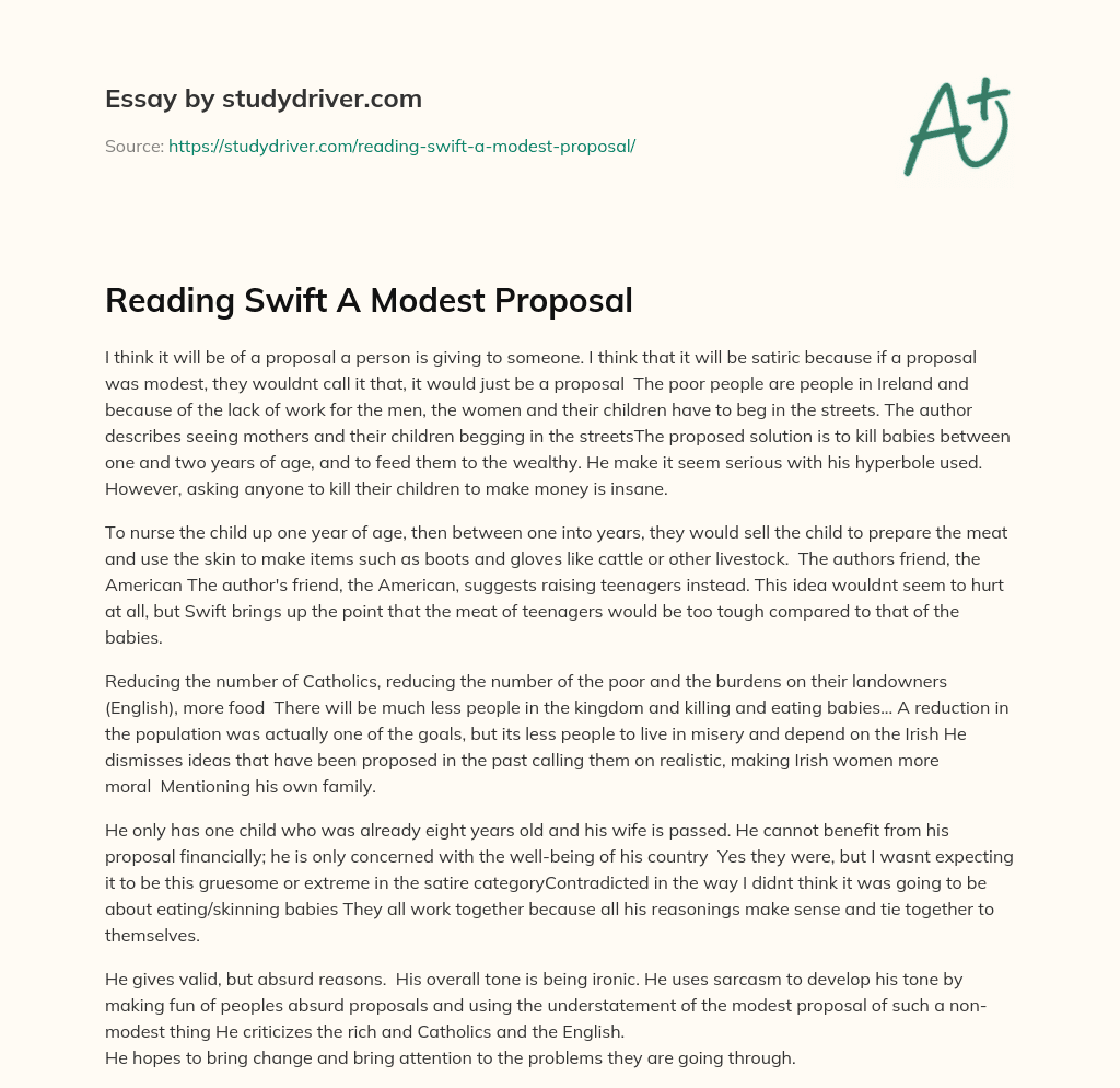 Reading Swift a Modest Proposal essay