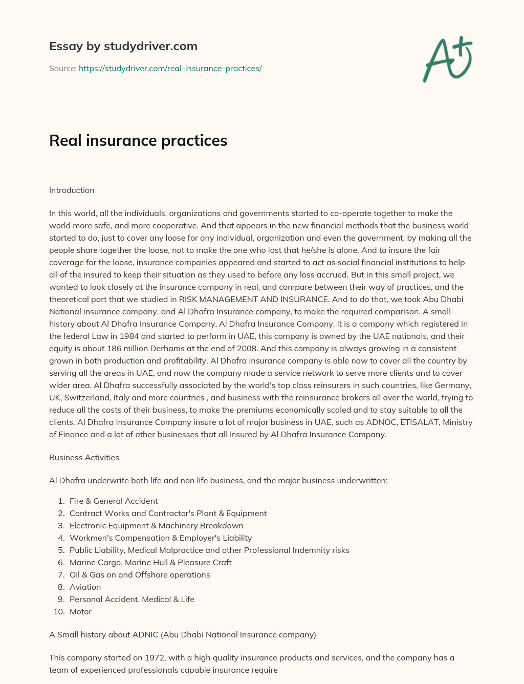 Real Insurance Practices essay