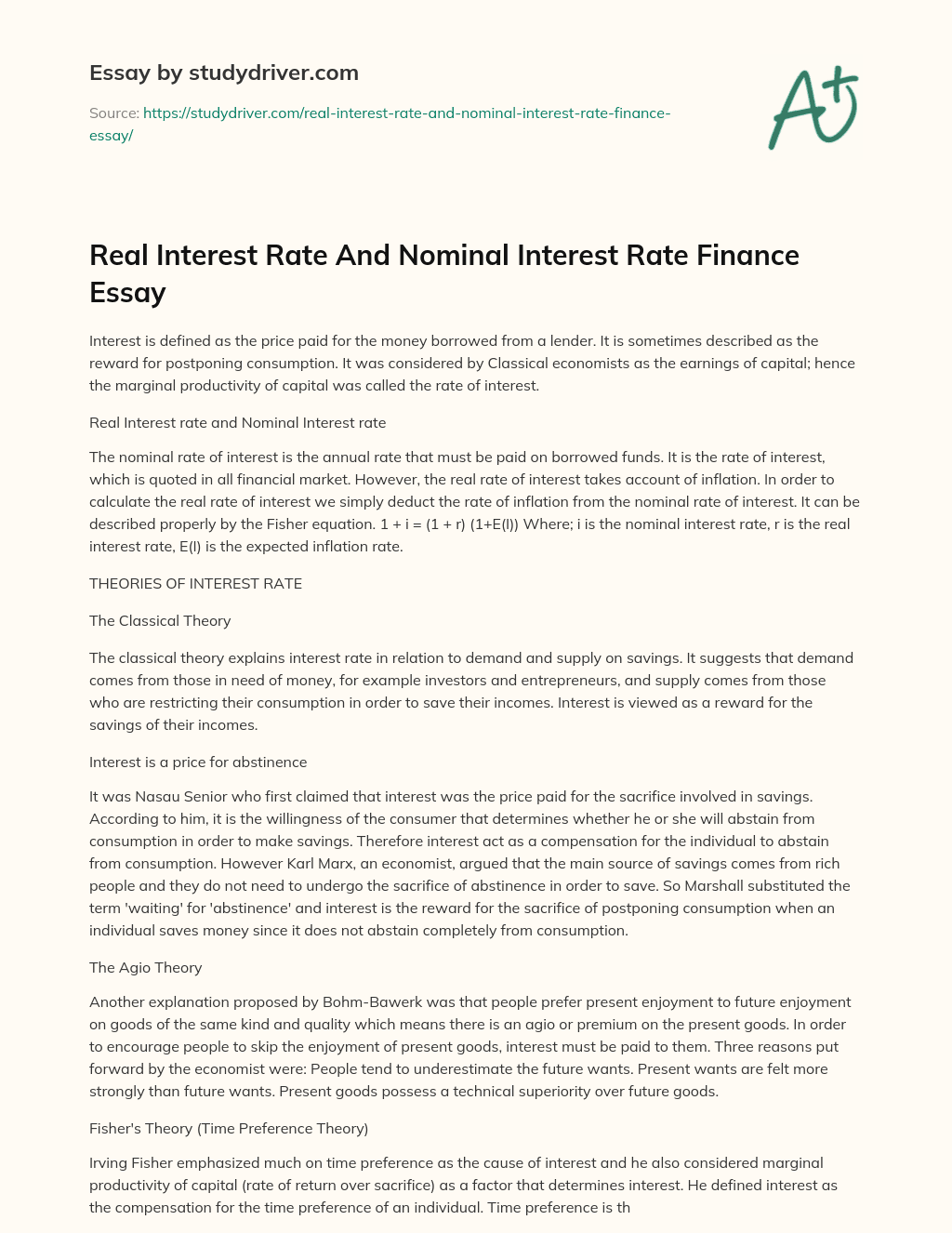 Real Interest Rate and Nominal Interest Rate Finance Essay essay