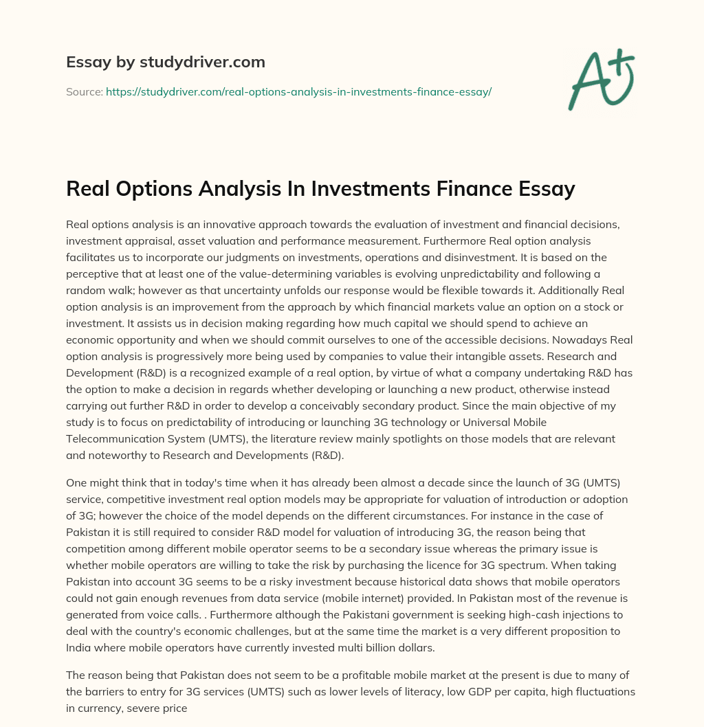 Real Options Analysis in Investments Finance Essay essay