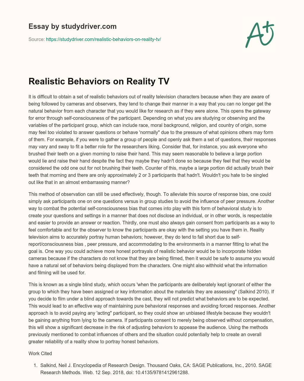Realistic Behaviors on Reality TV essay