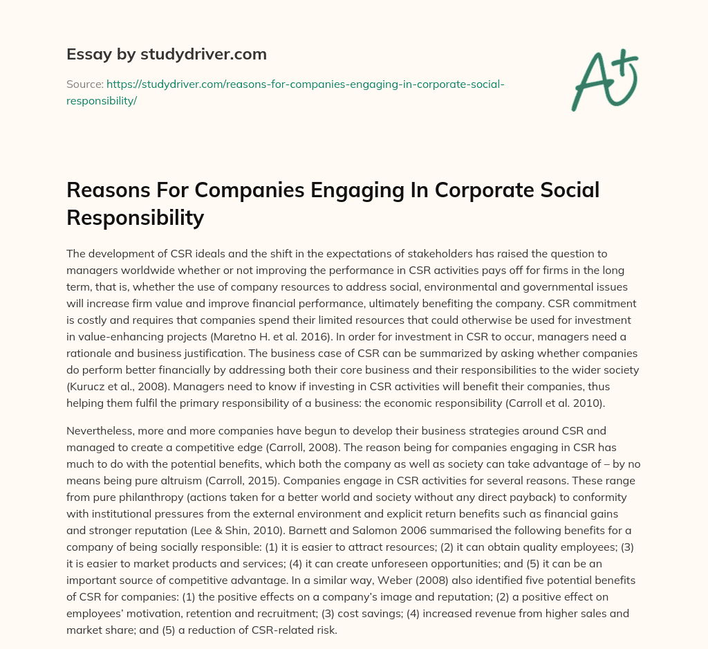 Reasons for Companies Engaging in Corporate Social Responsibility essay