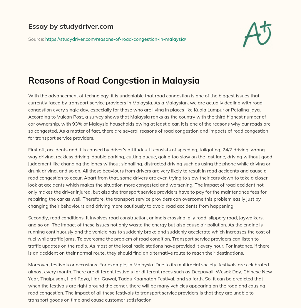 Reasons of Road Congestion in Malaysia essay
