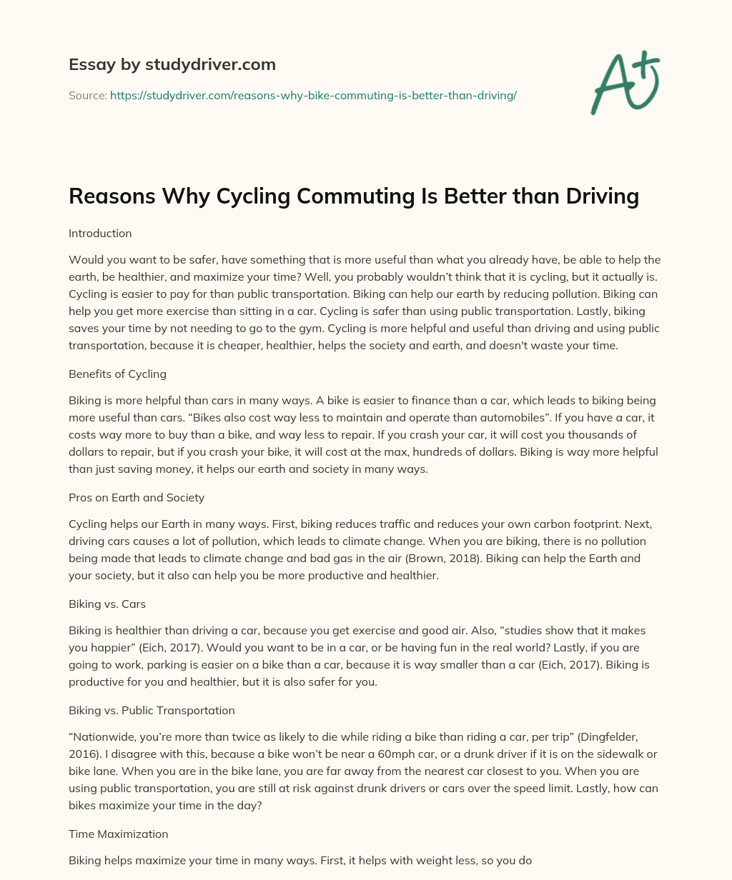 Reasons why Cycling Commuting is Better than Driving essay
