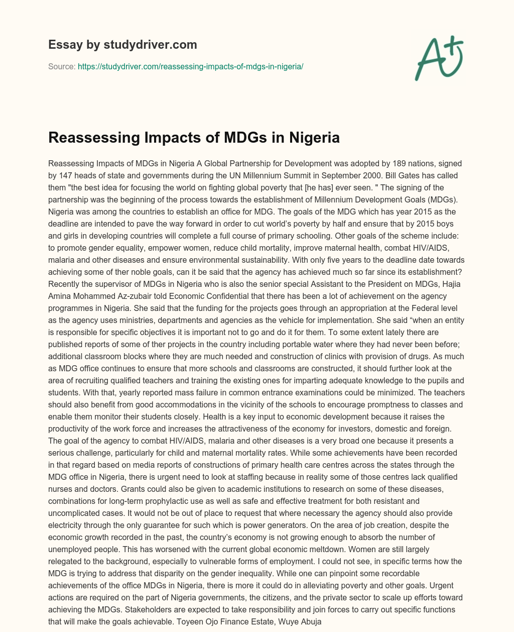 Reassessing Impacts of MDGs in Nigeria essay