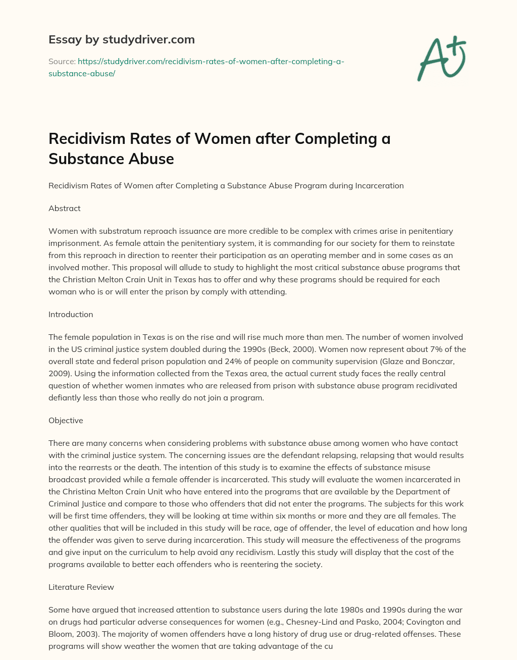 Recidivism Rates of Women after Completing a Substance Abuse essay