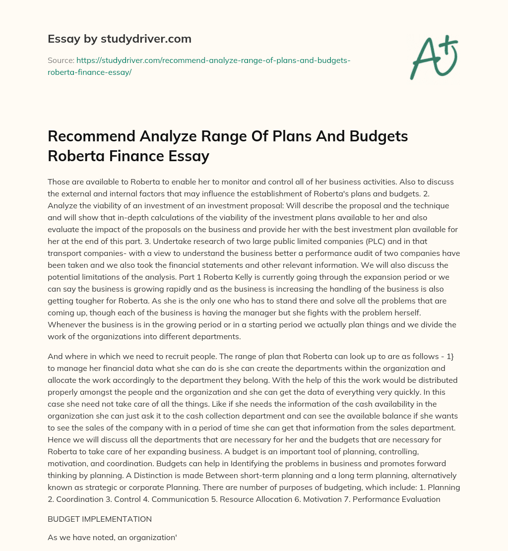 Recommend Analyze Range of Plans and Budgets Roberta Finance Essay essay