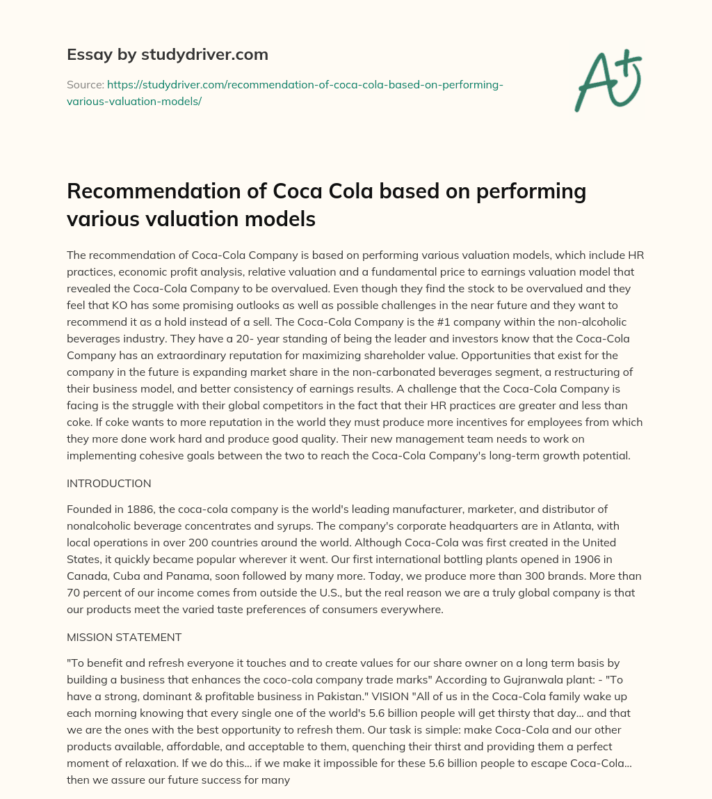 Recommendation of Coca Cola Based on Performing Various Valuation Models essay