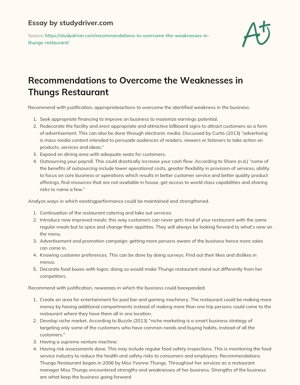 Recommendations to Overcome the Weaknesses in Thungs Restaurant essay