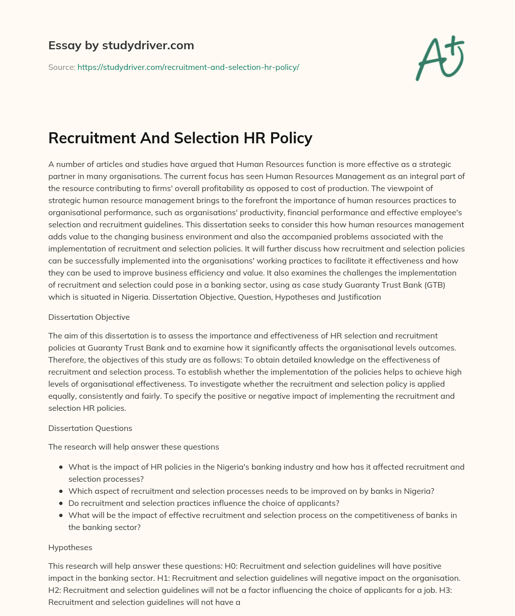 Recruitment and Selection HR Policy essay
