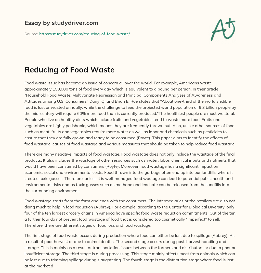 Reducing of Food Waste essay