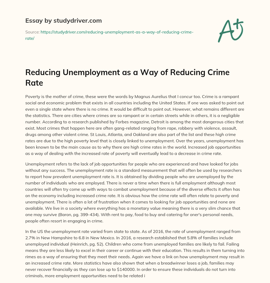 Reducing Unemployment as a Way of Reducing Crime Rate essay