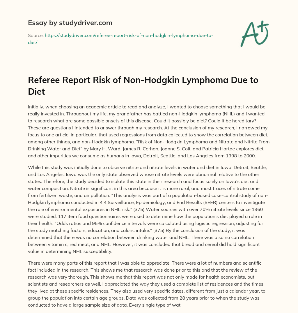 Referee Report Risk of Non-Hodgkin Lymphoma Due to Diet essay