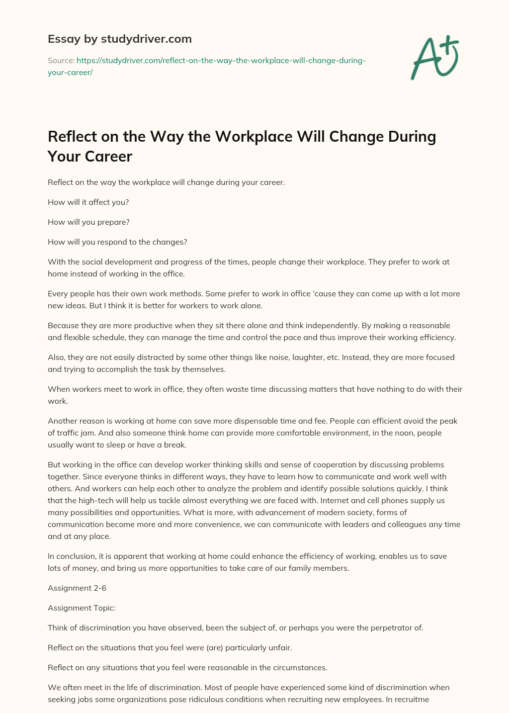 Reflect on the Way the Workplace Will Change during your Career essay