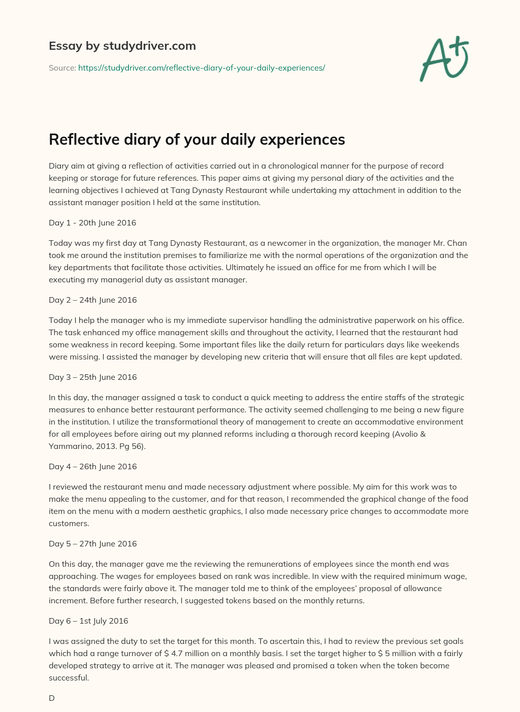 Reflective Diary of your Daily Experiences essay