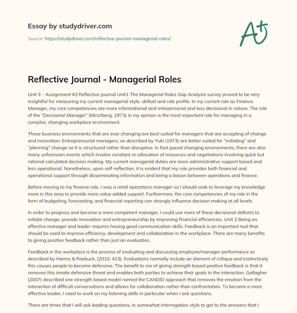 Reflective Journal – Managerial Roles essay